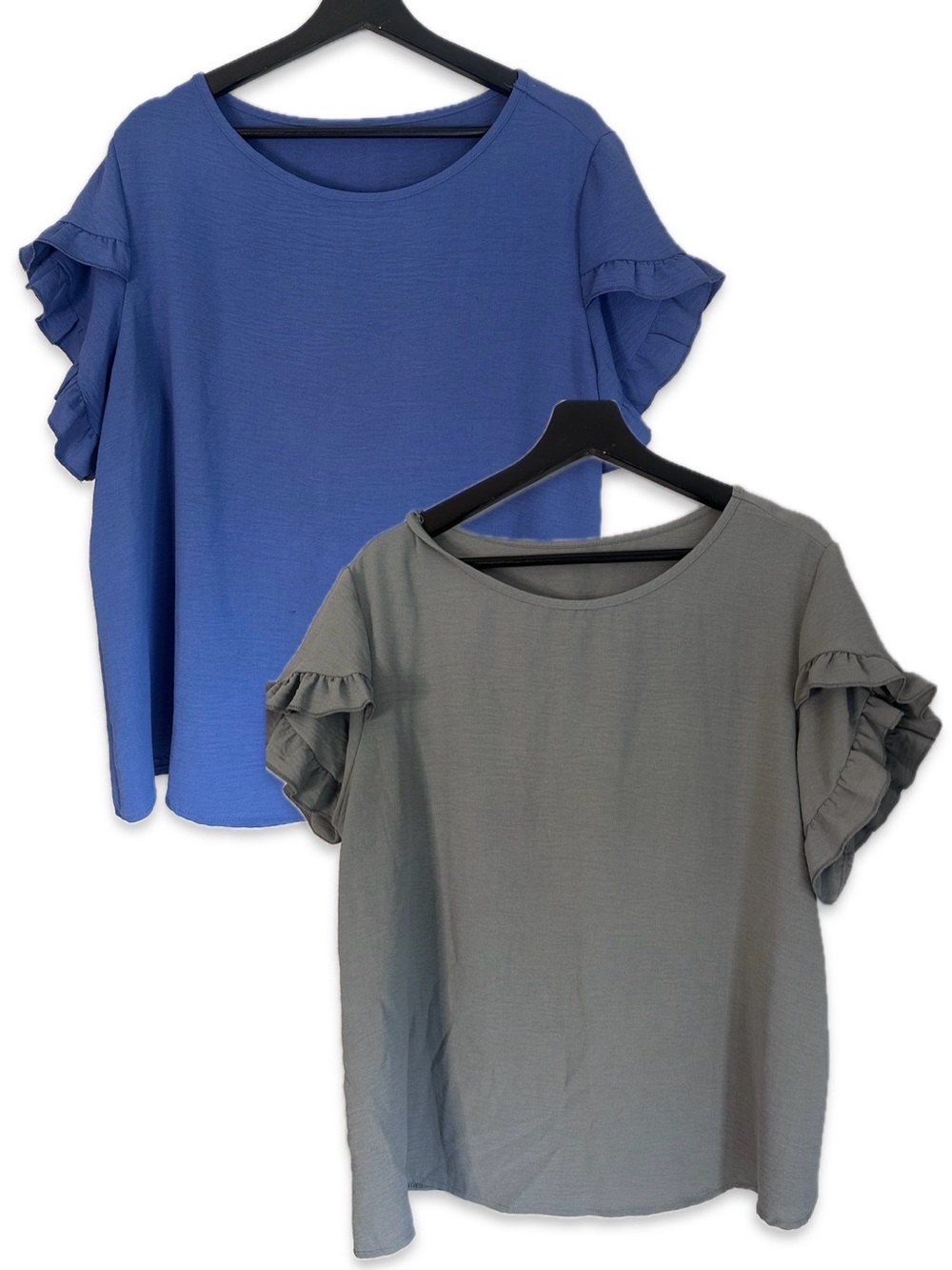 Ruffle Sleeve Crewneck Blouse - Blue & Gray